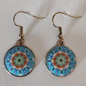Artisan Mandala pattern & gold earrings, blue/orange/green/yellow & white